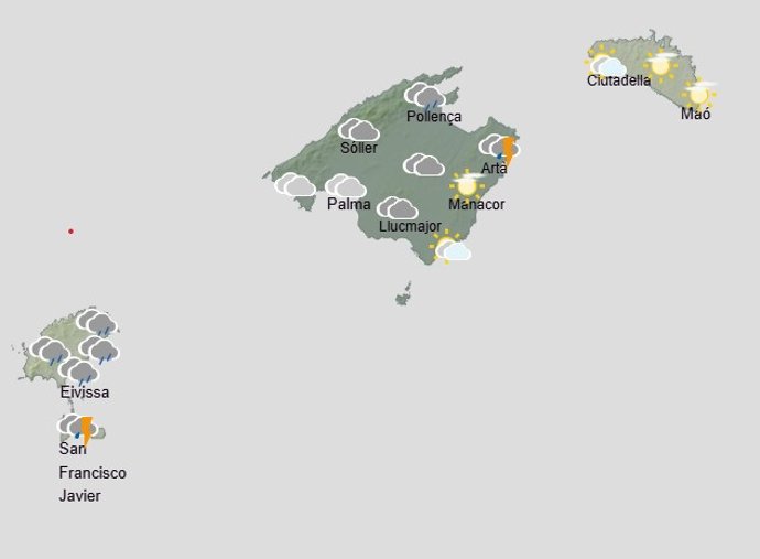 Mapa de la previsión meteorológica de la Aemet en Baleares.