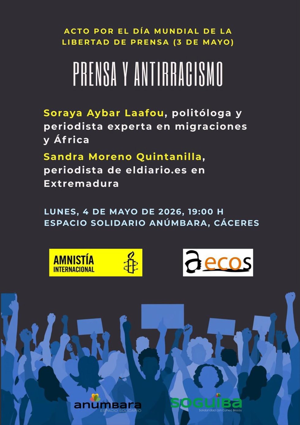 Cartel del acto que Amnistía Internacional y Aecos van a celebrar este lunes, 4 de mayo, en Cáceres por el Día Mundial de la Libertad de Prensa.