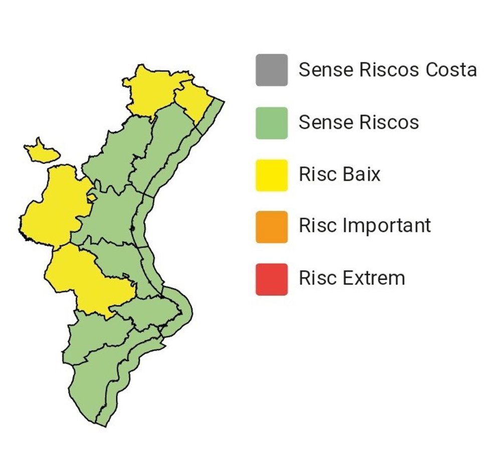 El Centro de Coordinación de Emergencias de la Generalitat ha establecido alerta amarilla por lluvias y tormentas en todo el interior de Valencia y en el norte de Castellón.
