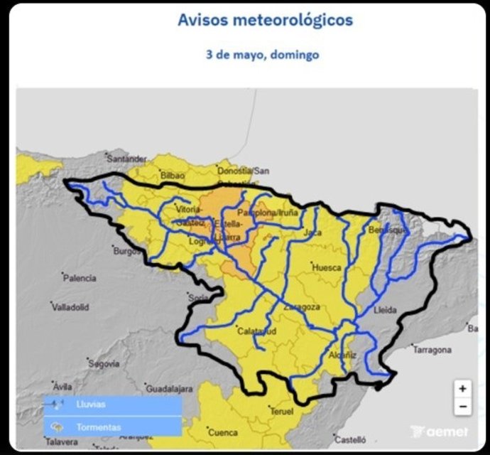 Mapa con los avisos meteorológicos en la Cuenca del Ebro.