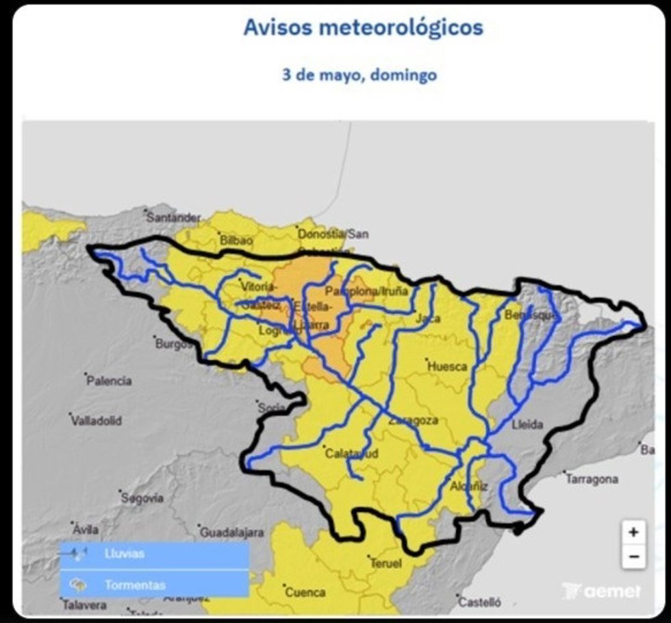 Mapa con los avisos meteorológicos en la Cuenca del Ebro.