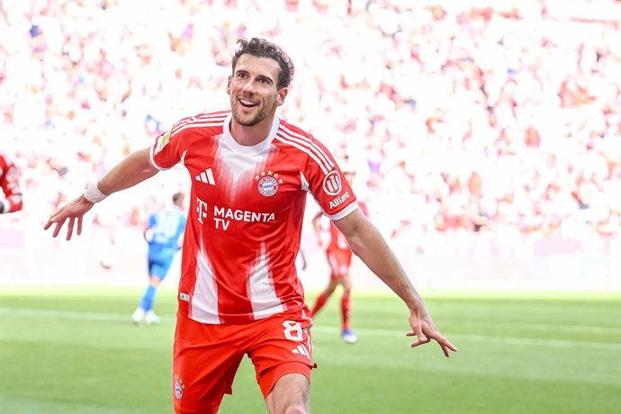 02 May 2026, Bavaria, Munich: Bayern Munich's Leon Goretzka celebrates scoring his side's second goal during the German Bundesliga soccer match between Bayern Munich and 1. FC Heidenheim at Allianz Arena. Photo: Harry Langer/dpa - WICHTIGER HINWEIS: Gemä