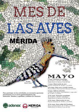 Programa de la XII edición del Mes de las Aves de Mérida, que se celebra de 5 al 16 de mayo de 2026 en la capital extremeña.