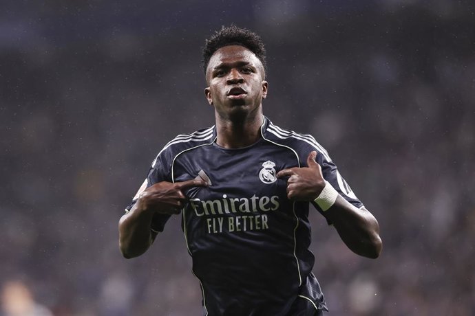 Vinicius Junior of Real Madrid CF celebrates a goal during the Spanish league, LaLiga EA Sports, football match played between RCD Espanyol and Real Madrid C.F. at RCDE Stadium on May 03, 2026 in Cornella, Spain.
