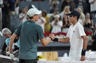 Jannik Sinner of Italy greets Rafael Jodar of Spain after winning during the Mutua Madrid Open 2026, ATP Masters 1000 and WTA 1000, at La Caja Magica on April 29, 2026 in Madrid, Spain.