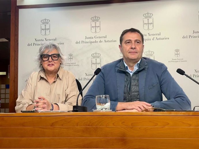 La fundadora del Movimiento Cincuenter, Yolanda Lobo, junto al diputado del PP José Luis Costillas, durante la presentación de la iniciativa en la Junta General del Principado de Asturias.