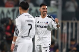 Futbol, Colo Colo vs Coquimbo Unido. Fecha 9, Liga de Primera 2026. El jugador de Colo Colo Javier Correa, centro, celebra su gol durante el partido de primera division contra Coquimbo Unido disputado en el estadio Monumental de Santiago,