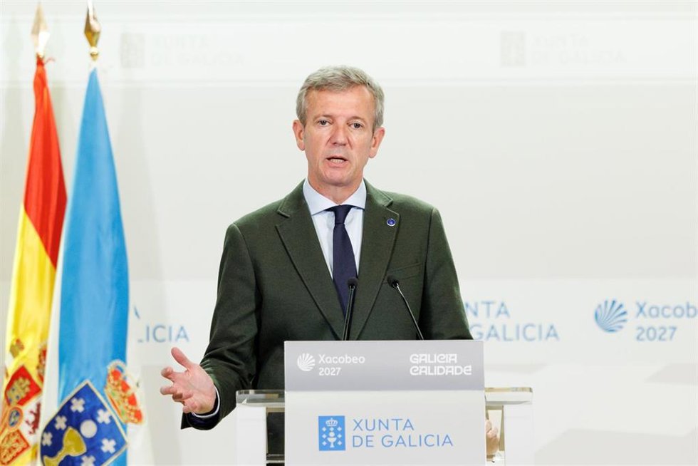 El titular del Ejecutivo gallego, Alfonso Rueda, en la rueda de prensa posterior a la reunión del Consello