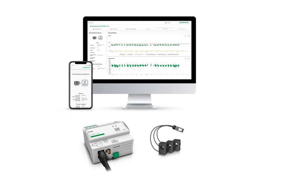 Sistema FAG OPTIME E-CM, con una unidad de medición y los sensores para detectar la corriente