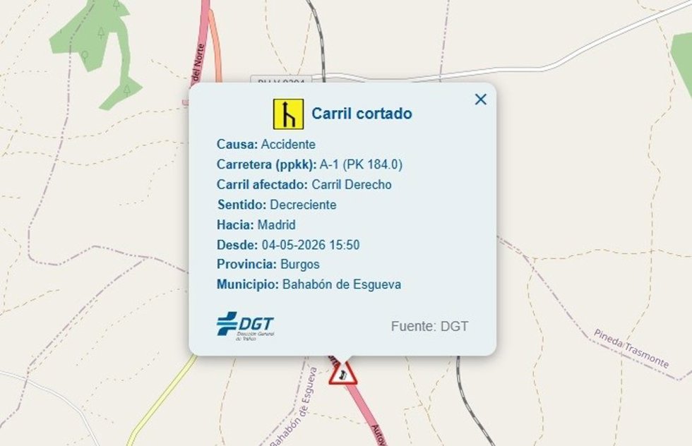 Gráfico difundido por el 112 con datos del corte de un carril de la A-1