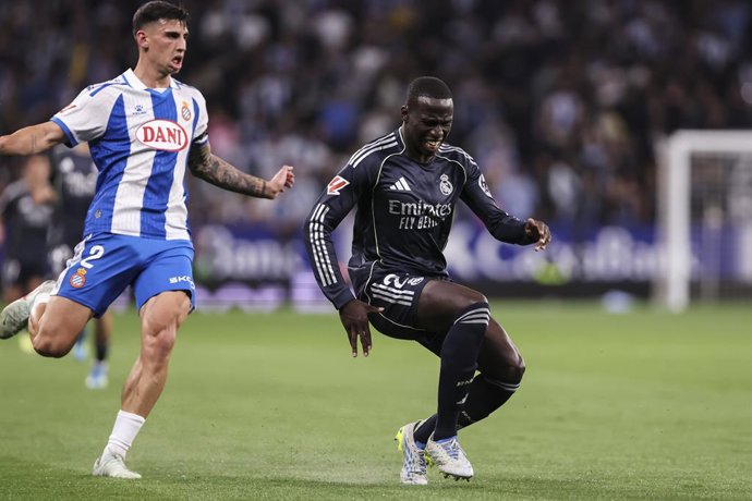 Ferland Mendy of Real Madrid CF hurts during the Spanish league, LaLiga EA Sports, football match played between RCD Espanyol and Real Madrid C.F. at RCDE Stadium on May 03, 2026 in Cornella, Spain.