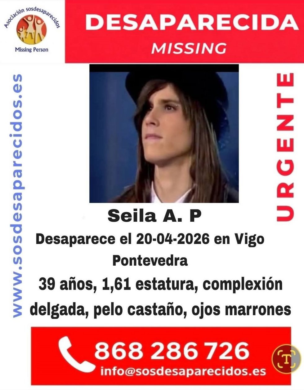 Buscan a la cantante Seila Álvarez (Seila Esencia), desaparecida en Vigo el 20 de abril de 2026.