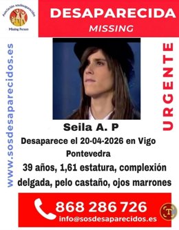 Buscan á cantante Seila Álvarez (Seila Esencia), desaparecida en Vigo o 20 de abril de 2026.