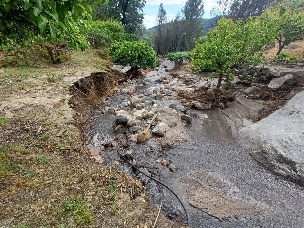Daños causados por las lluvias en una zona afectada por un incendio el pasado año en Mombeltrán (Ávila).