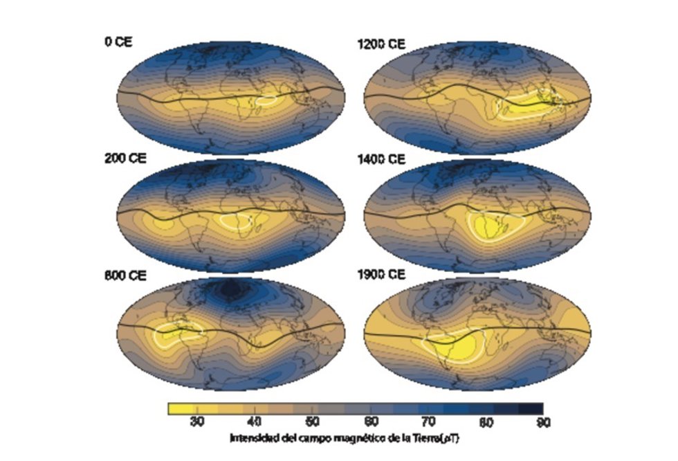 Intensidad del campo magnético terrestre en la superficie del planeta. La línea blanca muestra la evolución de las zonas de baja intensidad registradas en distintos momentos de los últimos dos milenios.