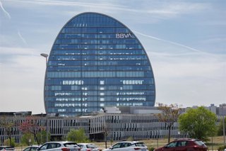 Archivo - Fachada del banco del BBVA en la ciudad del BBVA, a 10 de abril de 2023, en Madrid (España). 