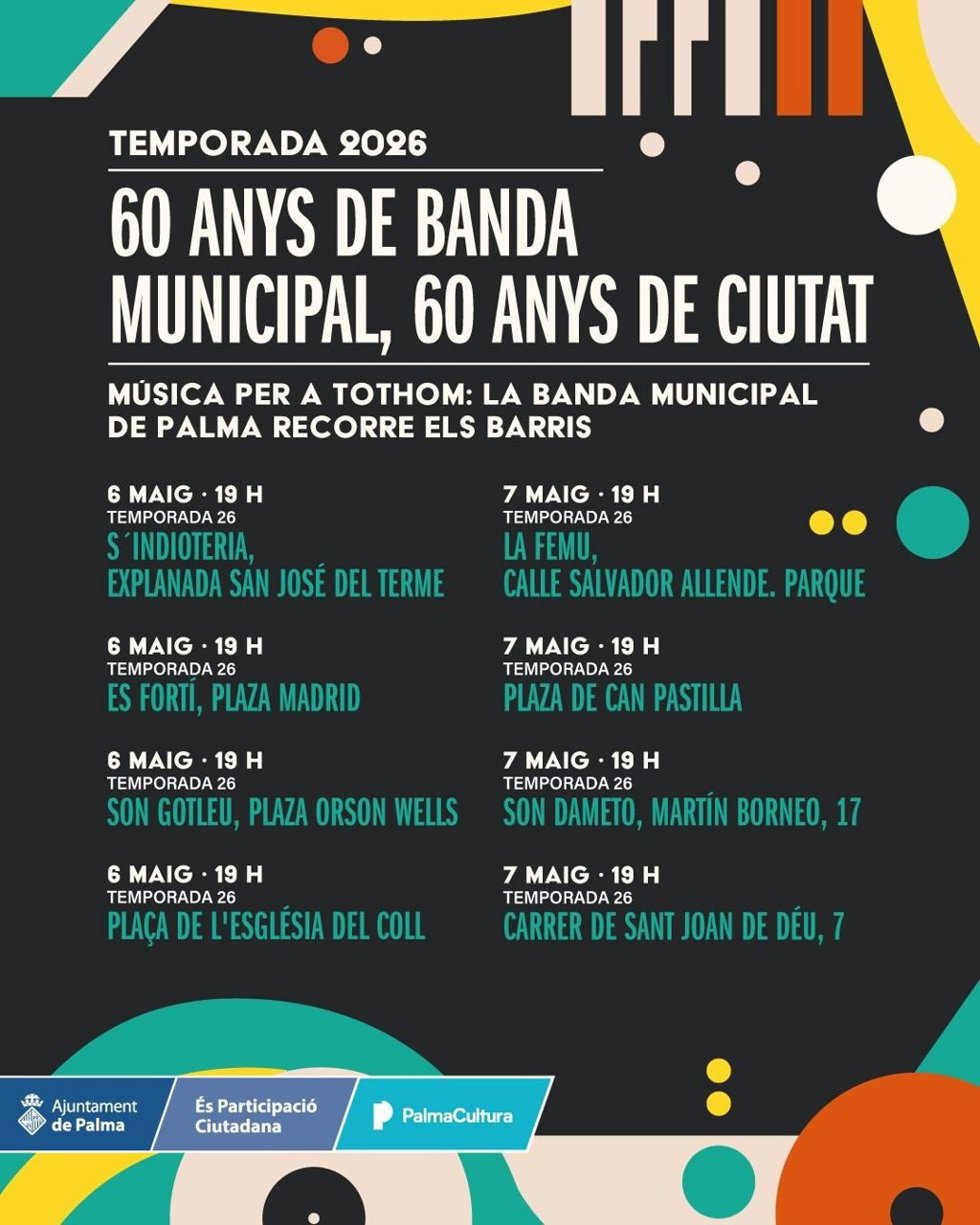 La Banda Municipal de Palma actuará en varios barrios de la ciudad los días 6 y 7 de mayo con motivo de su aniversario.