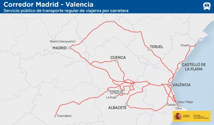 Archivo - Esquema del corredor Madrid-Valencia del nuevo mapa concesional