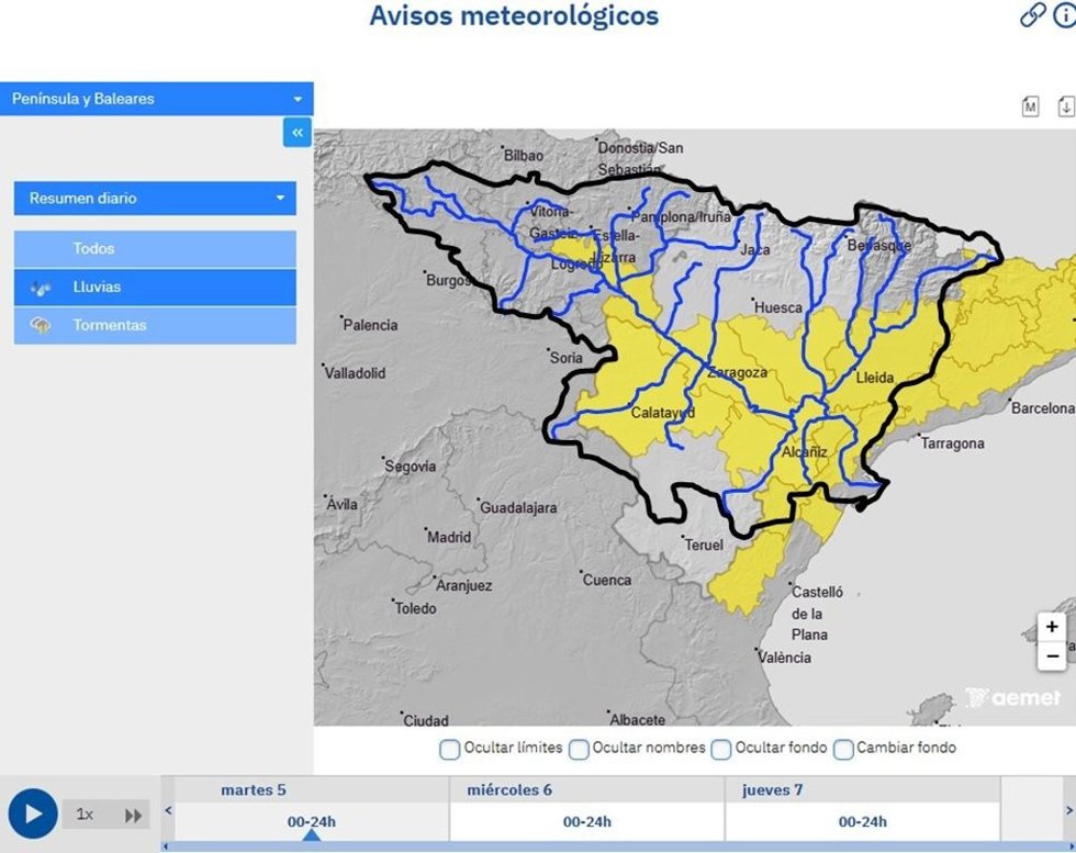 La CHE alerta de crecidas súbitas en cauces menores y barrancos en parte de la Cuenca del Ebro por las intensas lluvias
