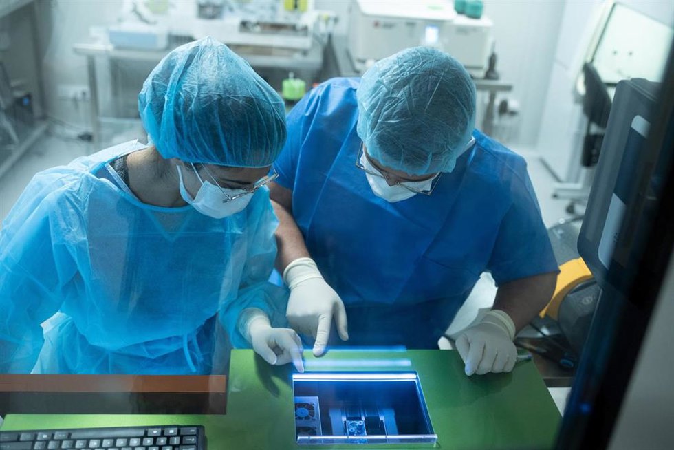 Archivo - Dos técnicos trabajan en la sala de criopreservación de células el Hospital Clínic, a 28 de septiembre de 2023, en Barcelona, Cataluña (España).