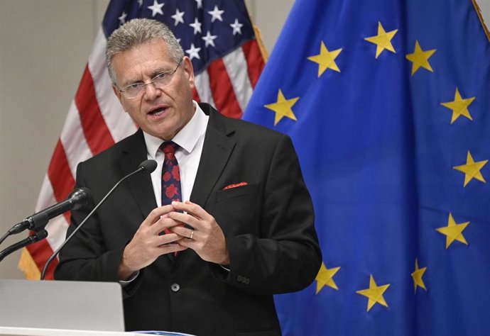 El comisario europeo de Comercio, Maros Sefcovic, durante una rueda de prensa en Washington