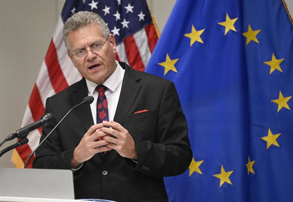 El comisario europeo de Comercio, Maros Sefcovic, durante una rueda de prensa en Washington