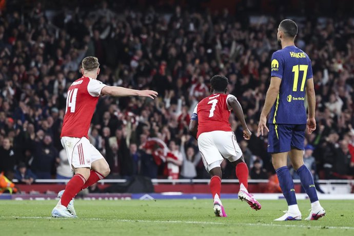 Bukayo Saka of Arsenal FC celebrates a goal during the UEFA Champions League 2025/26 Semi Final Second Leg match between Arsenal FC and Atletico de Madrid at Emirates Stadium on May 05, 2026, in London, England.