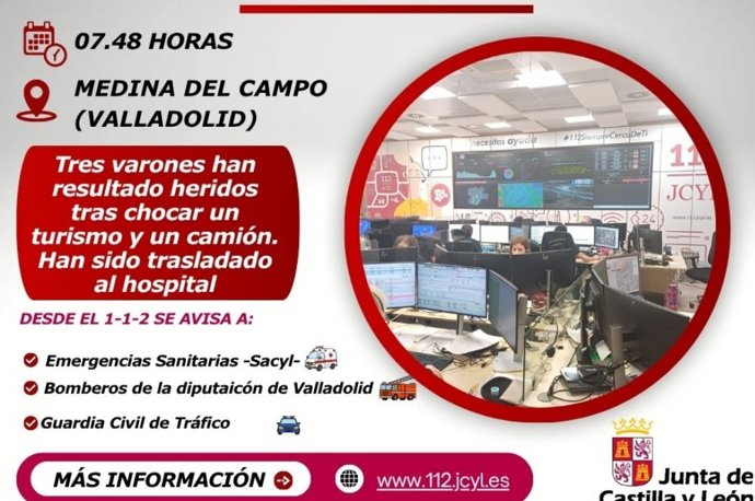 Accidente de tráfico con tres varones heridos en Medina del Campo (Valladolid).