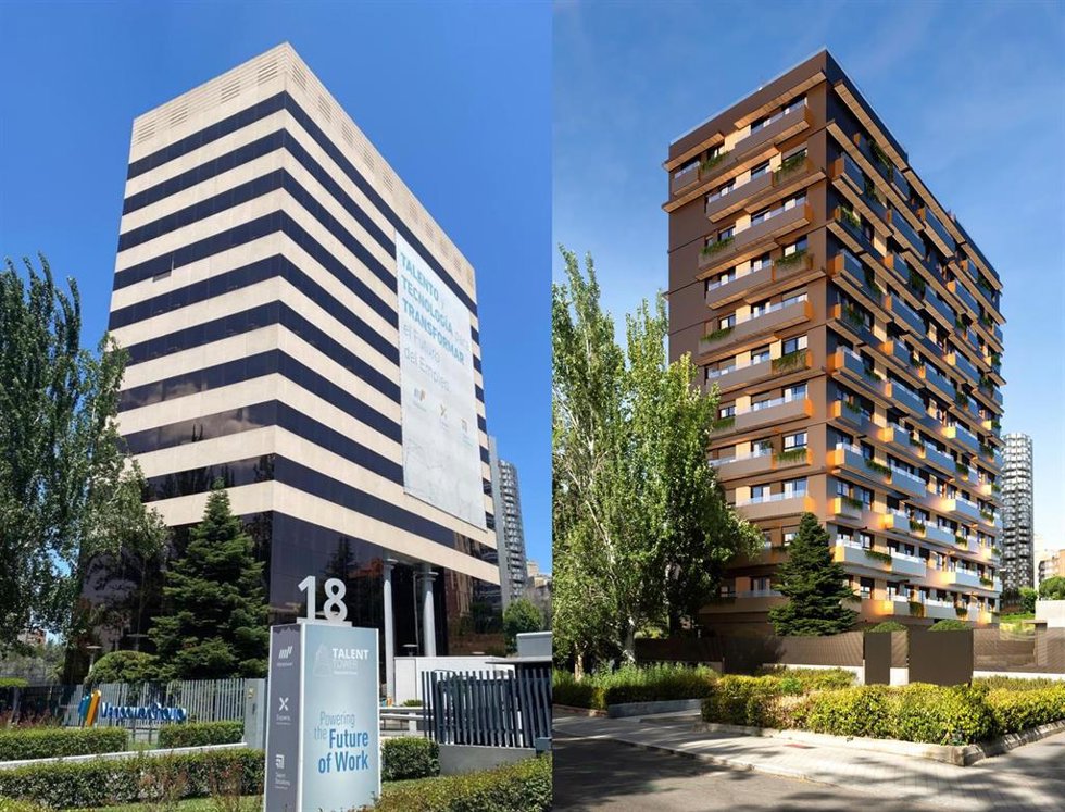A la izquierda, el antiguo edificio Talent Tower, que albergaba las oficinas centrales de Manpower en España. A la derecha, infografía del mismo edificio, renombrado a North Tower, tras ser reconvertido en viviendas