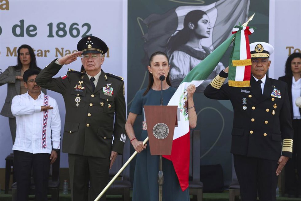 La presidenta de México, Claudia Sheimbaum, durante el 164 aniversario de la Batalla de Puebla