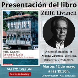 Cartel de la presentación del libro 'La casa de Leyla' de Zulfu Livaneli, en la librería Oletvm.