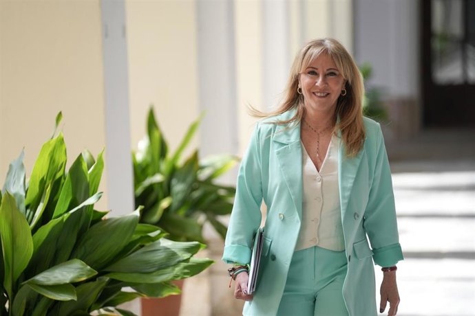 La consejera de Economía, Hacienda, Fondos Europeos y Diálogo Social de la Junta de Andalucía y portavoz del Gobierno, Carolina España, interviene en rueda de prensa posterior al Consejo de gobierno. A 06 de mayo de 2026, en Sevilla (Andalucía, España).