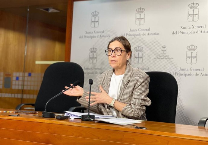 La portavoz parlamentaria socialista, Dolores Carcedo, en rueda de prensa este miércoles en la Junta General.