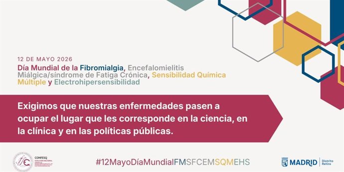 Imagen del cartel del Día Mundial de la Fibromialgia, Síndrome de la Fatiga Crónica/Encefalomielitis Miálgica, Sensibilidad Química Múltiple y Electrohipersensibilidad.