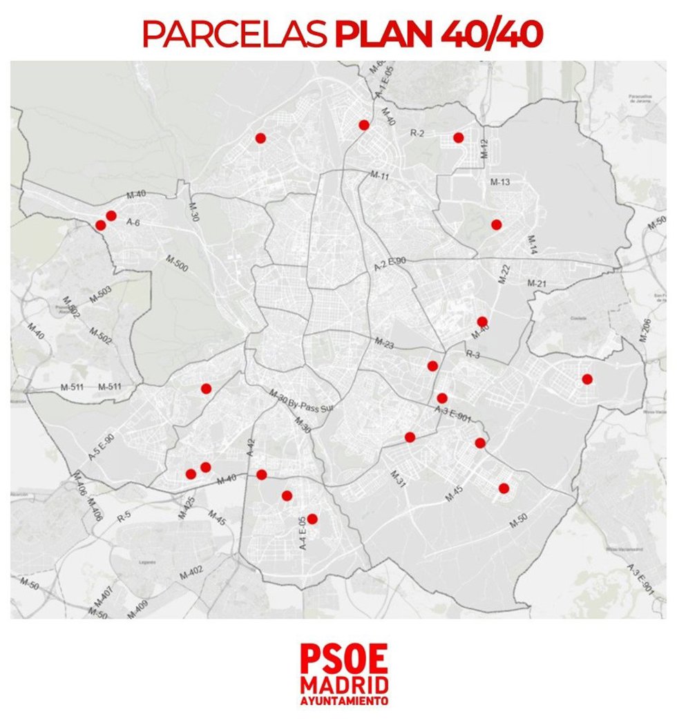 Mapa de las 19 parcelas municipales que forman parte del Plan 40/40
