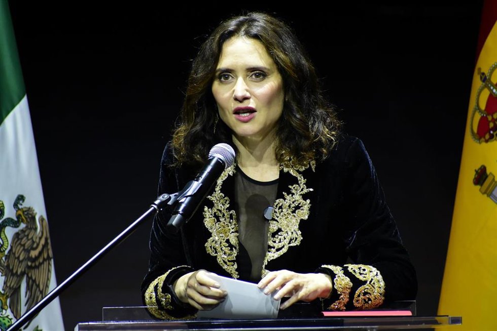 The President of the Community of Madrid, Isabel Diaz Ayuso, speaks during  the meeting "Celebration of Evangelization and Miscegenation in Mexico: Malinche and Cortes," as part of her Working visit to Mexico  at Fronton Mexico. on May 4, 2026, in Mexico 