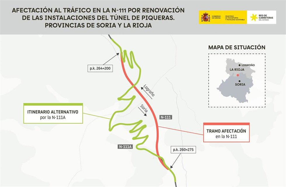 Transportes renueva las instalaciones del túnel de Piqueras en la N-111, entre Soria y La Rioja