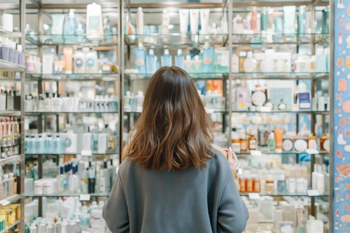Clienta ante un escaparate con productos de belleza