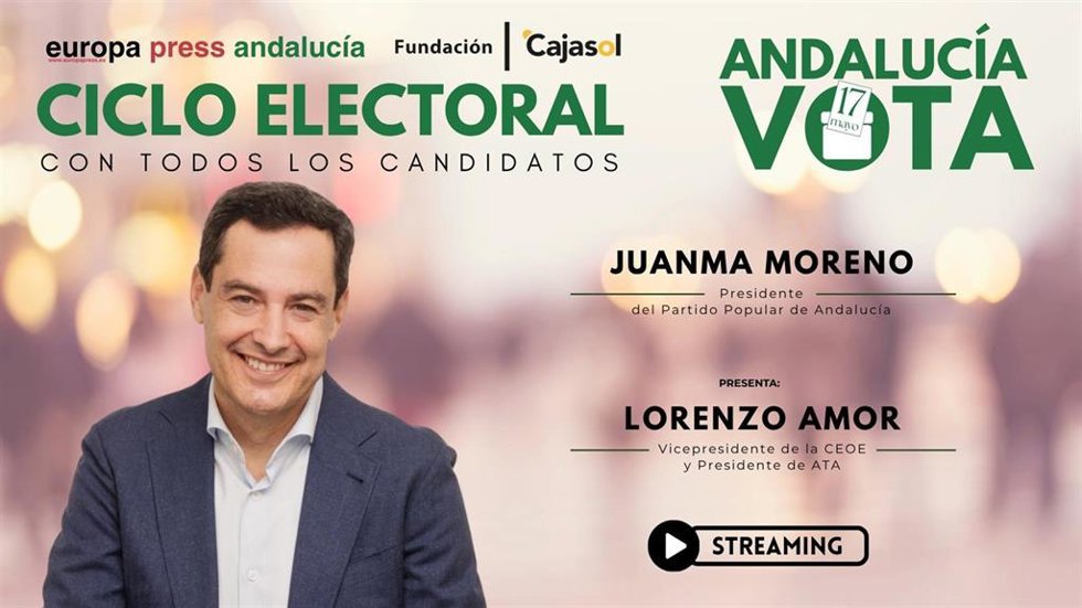 Cartel anunciador de la participación del presidente del PP-A y candidato a la reelección como presidente de la Junta, Juanma Moreno, en el ciclo electoral organizado por Europa Press Andalucía con motivo del 17M en Cádiz el viernes 8 de mayo