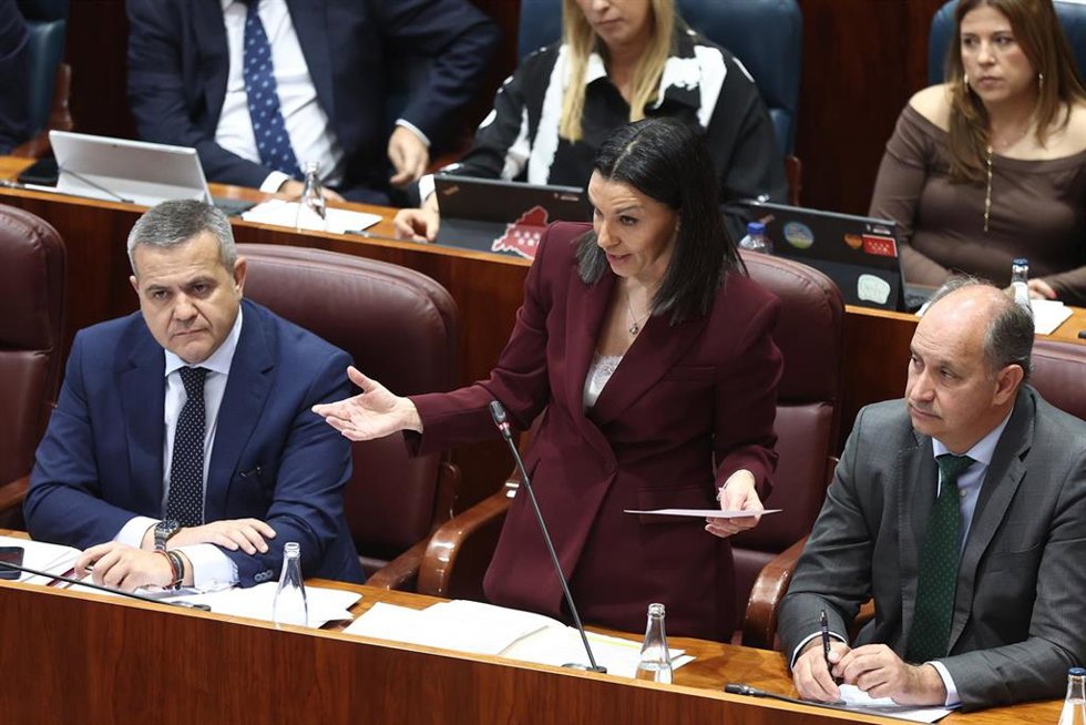La consejera de Educación, Ciencia y Universidades de la Comunidad de Madrid, María Mercedes Zarzalejo (c), durante una sesión plenaria en la Asamblea de Madrid, a 7 de mayo de 2026, en Madrid (España). La Asamblea de Madrid celebra este jueves un pleno s
