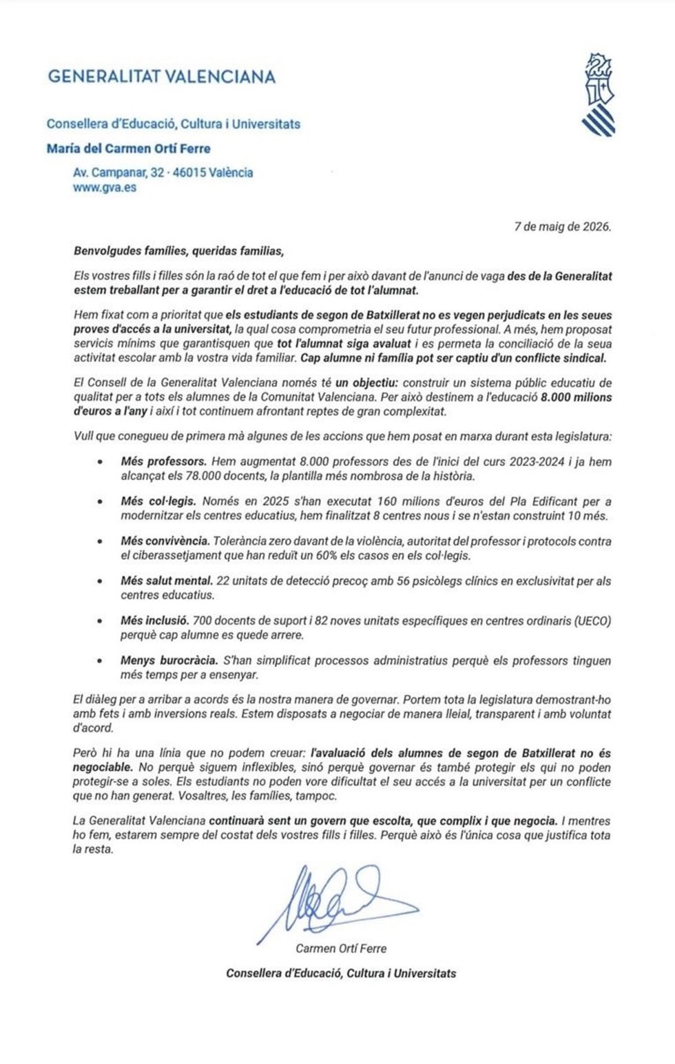 Carta enviada a las familias por la consellera de Educación, Carmen Ortí, sobre la huelga educativa
