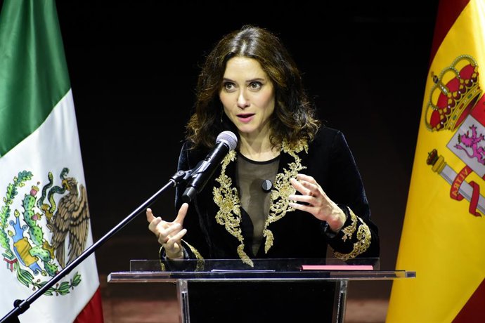 The President of the Community of Madrid, Isabel Diaz Ayuso, speaks during  the meeting "Celebration of Evangelization and Miscegenation in Mexico: Malinche and Cortes," as part of her Working visit to Mexico  at Fronton Mexico. on May 4, 2026, in Mexico 