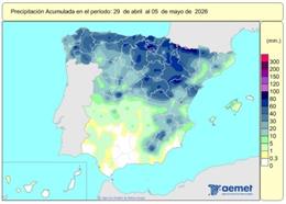 España registra 566 l/m2 de lluvia acumulada desde octubre de 2025, un 19% más de lo normal.