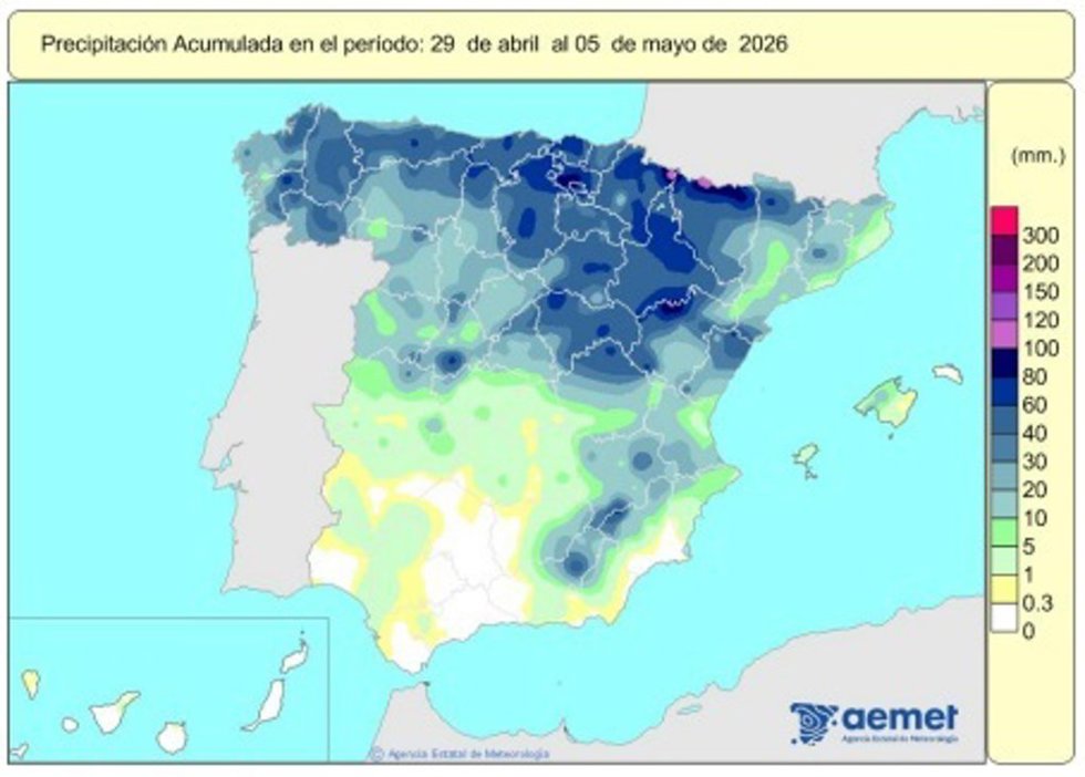 España registra 566 l/m2 de lluvia acumulada desde octubre de 2025, un 19% más de lo normal.