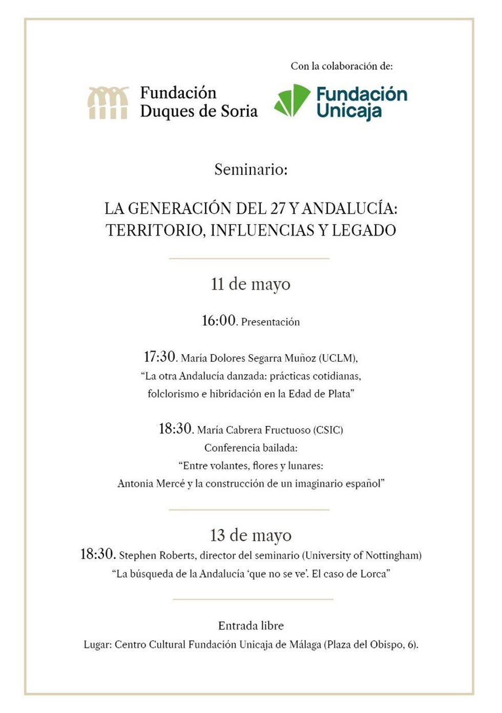 Cartel del seminario La Generación del 27 y Andalucía: territorio, influencias y legado'.