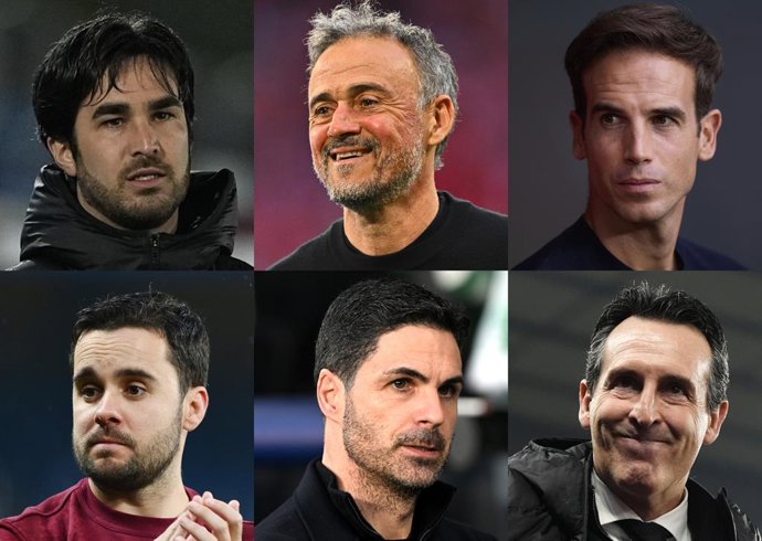 De cima para baixo e da esquerda para a direita: Pere Romeu (Barça Feminino), Luis Enrique (PSG), Iñigo Pérez (Rayo Vallecano), Jonatan Giráldez (Olympique de Lyon Feminino), Mikel Arteta (Arsenal) e Unai Emery (Aston Villa)