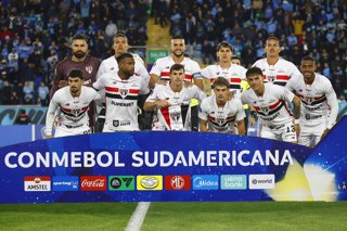 Futbol, O'Higgins vs Sao Paulo. Copa Sudamericana 2026. El equipo de Sao Paulo es fotografiado durante el partido del Grupo C de la Copa Sudamericana disputado en el estadio El Teniente en Rancagua, Chile. 07/05/2026 Dragomir