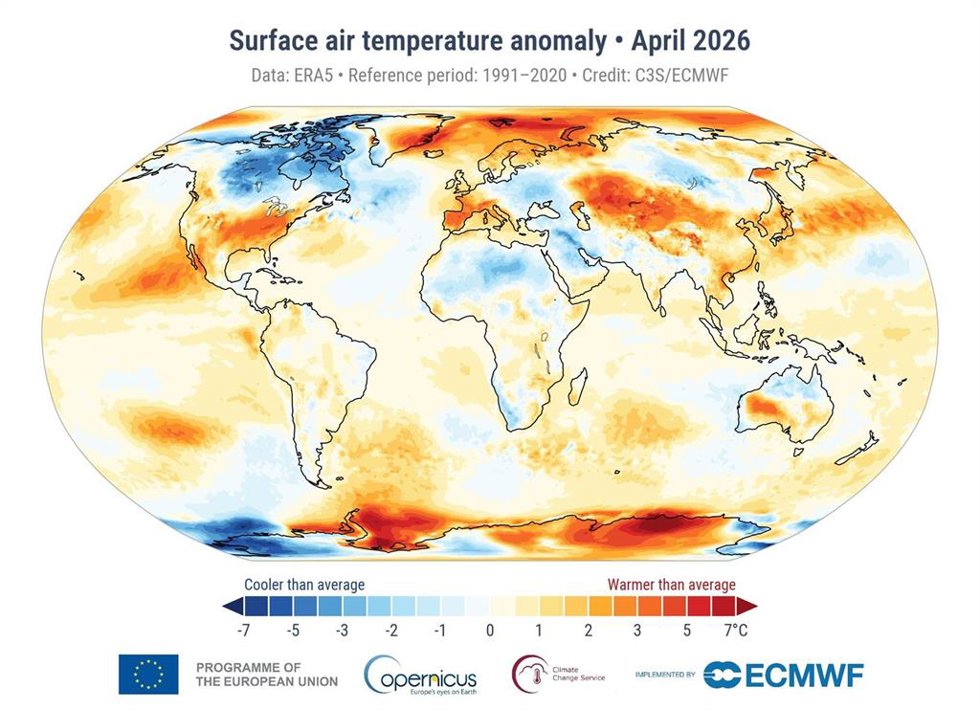 Anomalía de la temperatura del aire en superficie en abril de 2026 con respecto a la media de abril para el periodo 1991-2020.
