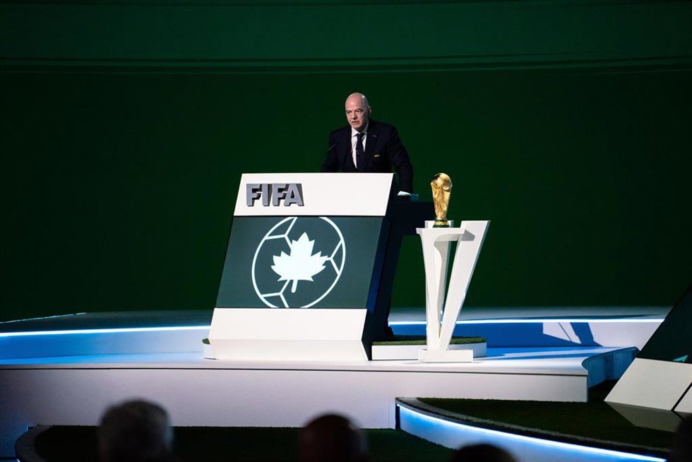 April 30, 2026, Vancouver, British Columbia, Canada: VANCOUVER, CANADA - APRIL 30: The FIFA World Cup trophy on display as President Gianni Infantino speaks during the 76th FIFA Congress meeting at the Vancouver Convention Centre on April 30, 2026 in Vanc