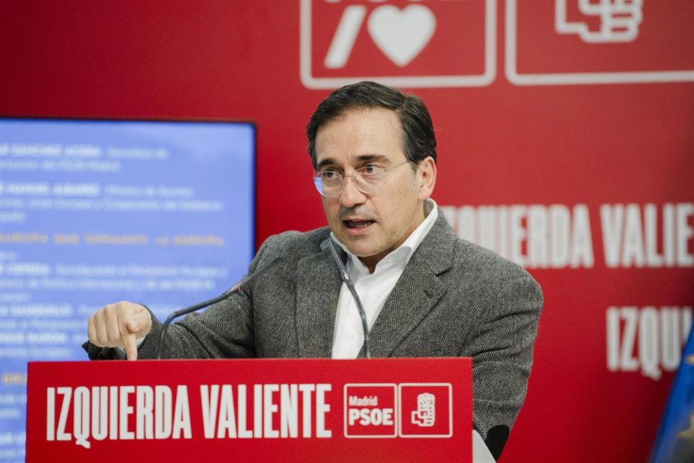 El ministro de Asuntos Exteriores, Unión Europea y Cooperación, José Manuel Albares, durante la jornada 'La Europa que soñamos, la Europa que defendemos', en la sede del PSOE-M, a 8 de mayo de 2026, en Madrid (España).